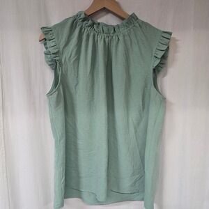 Harper 241 Ruffle Neck Top Women L Sage Green Polyester Cottagecore